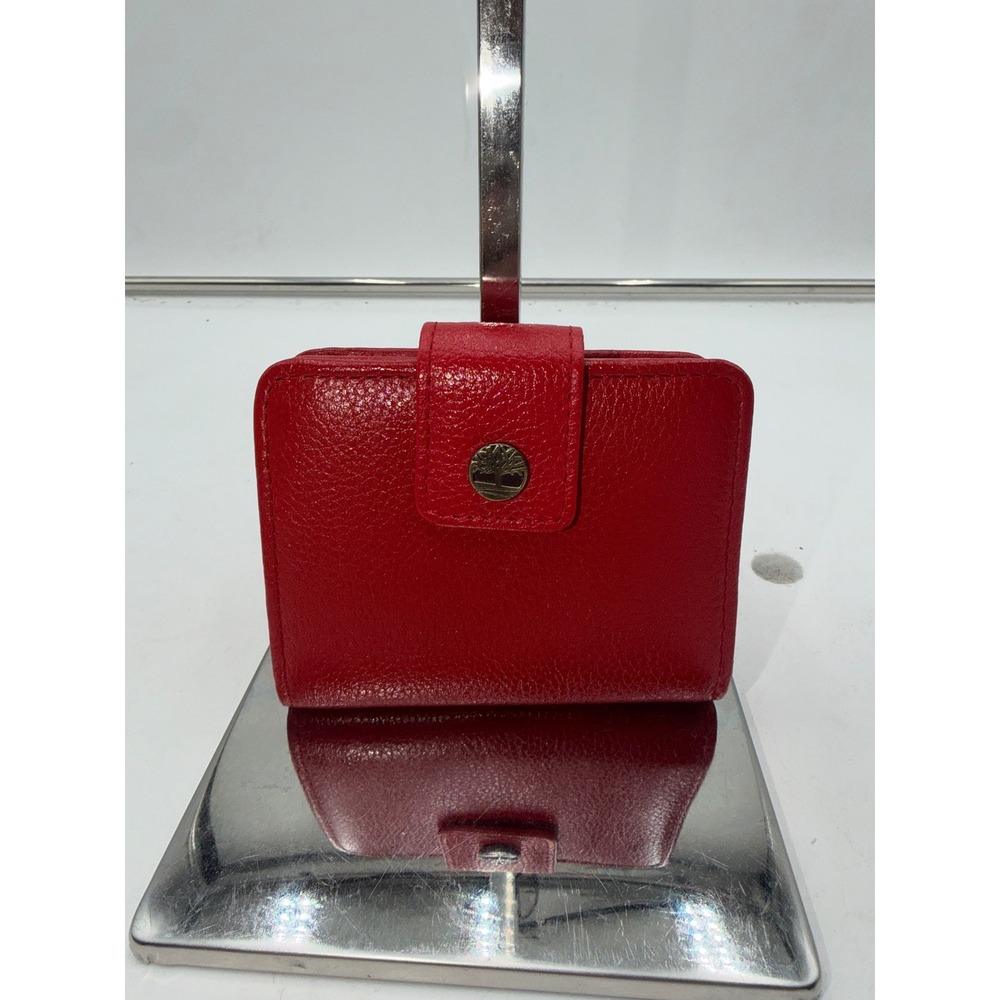 Timberland Red Pebbled Genuine Leather Bifold Wallet Ladybug Charm Zip